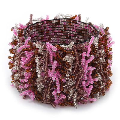 Pink/ Transparent/ Brown/ Cappuccino Cluster Glass Bead Flex Bracelet - up to 18cm L - main view