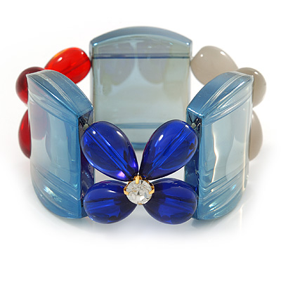 Blue, Red, Cream Floral Resin Stretch Bracelet - up to 20cm L - main view