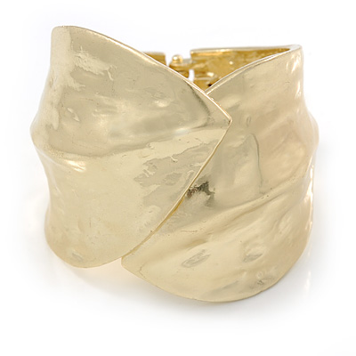 Chunky Hammered Leaf Hinged Bangle Bracelet In Gold Plated Metal - up to 18cm L - main view