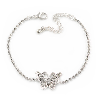 Delicate Clear Crystal Butterfly Bracelet In Silver Tone Metal - 16cm L/ 5cm Ext - main view
