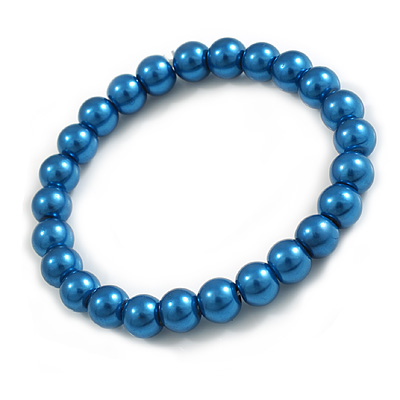 8mm Cobalt Blue Pearl Style Single Strand Bead Flex Bracelet - 18cm L - main view