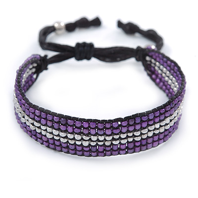 Unisex Purple/ Silver Glass Bead Friendship Bracelet - Adjustable - main view
