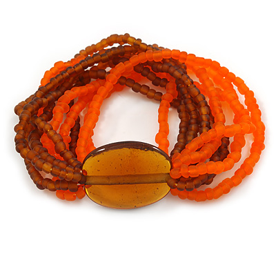 Multistrand Brown/ Orange Frosted Glass Bead Stretch Bracelet - 19cm L - main view