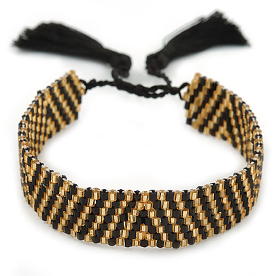 Handmade Gold/ Black Glass with Silk Tassel Wristband Bracelet - Adjustable - main view