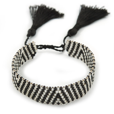 Handmade Transparent/ Black Glass with Silk Tassel Wristband Bracelet - Adjustable - main view
