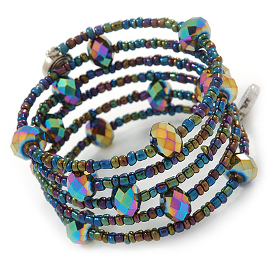 Multistrand Peacock Coloured Glass Bead Flex Bracelet - Adjustable - main view