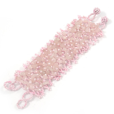 Wide Handmade Pale Pink Semiprecious Stone and Glass Bead Bracelet - 17cm L - main view