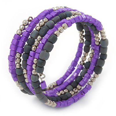 Purple/ Grey Stone Bead Multistrand Coiled Flex Bracelet Bangle - Adjustable