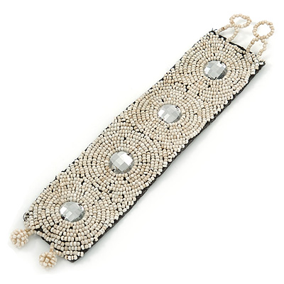 Handmade Boho Style Antique White Glass Bead with Clear Crystals Wristband Bracelet - 18cm L/ 2cm Ext - main view