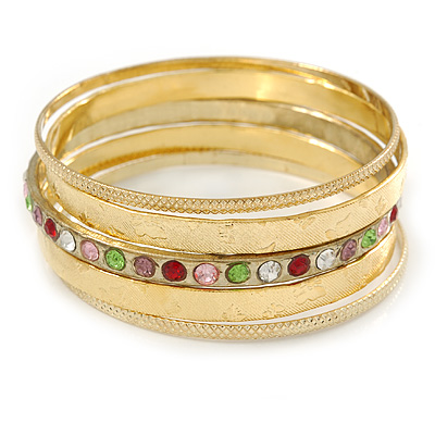 Indian Style Multicoloured Crystal Textured Bangle Set of 5 In Gold Tone - 19cm L