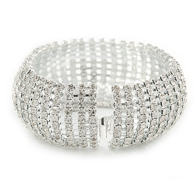 Statement 12 Row Clear Austrian Crystal Domed Bracelet with Tongue Clasp In Silver Tone - 20cm L - main view