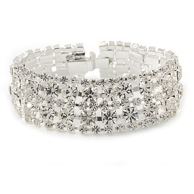 Bridal/ Wedding/ Prom/ Party Austrian Crystal Bracelet with Tongue Clasp In Silver Tone - 17cm L - main view