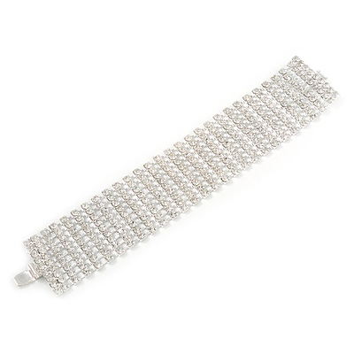 Statement 9 Row Austrian Crystal Bracelet with Tongue Clasp In Silver Tone - 18cm L - main view