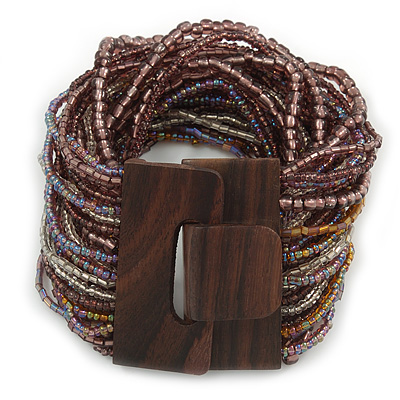 Plum/ Transparent/ Purple Glass Bead Multistrand Flex Bracelet With Wooden Closure - 19cm L - main view