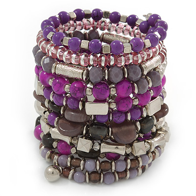 Wide Coiled Ceramic, Acrylic, Glass Bead Bracelet (Purple, Fuchsia, Pink, Silver) - Adjustable
