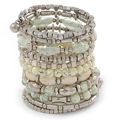 Wide Coiled Ceramic, Acrylic, Glass Bead Bracelet (White, Cream, Silver) - Adjustable - main view