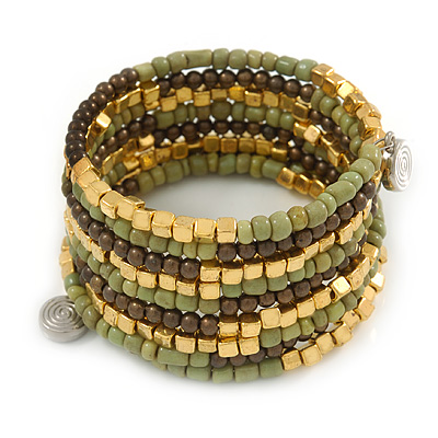 Dusty Light Green Glass, Brown & Gold Tone Acrylic Bead Coiled Flex Bracelet - Adjustable - main view