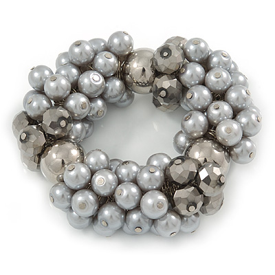 Chunky Light Grey Glass Pearl, Anthracite Coloured Crystal Bead Flex Bracelet -18cm L - main view