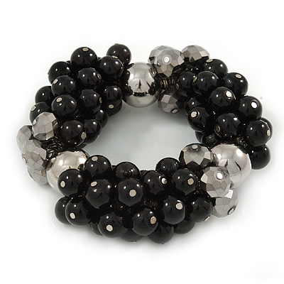 Chunky Black Ceramic, Grey Crystal Bead Flex Bracelet - up to 18cm L - main view