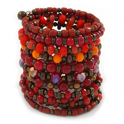 Wide Coiled Ceramic, Acrylic, Glass Bead Bracelet (Red, Coral, Orange, Brown) - Adjustable - main view