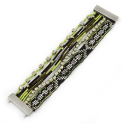 Silver/ Light Green/ Black Glass Bead, Silk Cord Handmade Magnetic Bracelet - 18cm L - main view