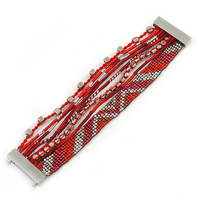 Silver/ Red/ Carrot/ Burgundy Glass Bead, Silk Cord Handmade Magnetic Bracelet - 18cm L - main view