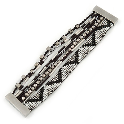 Silver/ Black/ White Glass Bead, Silk Cord Handmade Magnetic Bracelet - 18cm L - main view