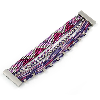 Silver/ Purple/ Pink/ Fuchsia Glass Bead, Silk Cord Handmade Magnetic Bracelet - 18cm L - main view