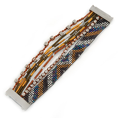 Silver/ Bronze/ Peacock/ Brown Glass Bead, Silk Cord Handmade Magnetic Bracelet - 18cm L - main view