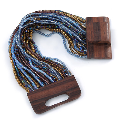 Bronze/ Light Blue/ Purple/ Peacock Glass Bead Multistrand Flex Bracelet With Wooden Closure - 19cm L