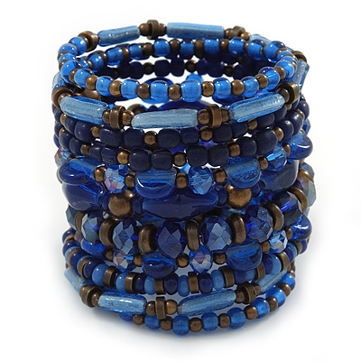 Wide Coiled Ceramic, Acrylic, Glass Bead Bracelet (Blue, Brown) - Adjustable - main view