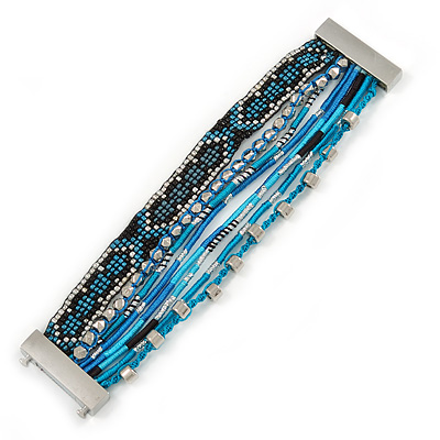 Silver/ Black/ Teal/ Light Blue Glass Bead, Silk Cord Handmade Magnetic Bracelet - 18cm L - main view