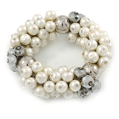 Chunky Cream Glass Pearl, Grey Crystal Bead Flex Bracelet - up to 18cm L - main view
