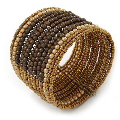 Boho Brown/ Metallic Bronze/ Gold Glass & Acrylic Bead Cuff Bracelet - Adjustable (To All Sizes) - main view