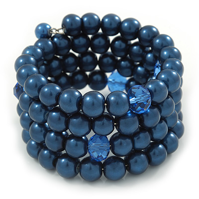 Dark Blue Glass Bead Coiled Flex Bracelet - Adjustable - main view