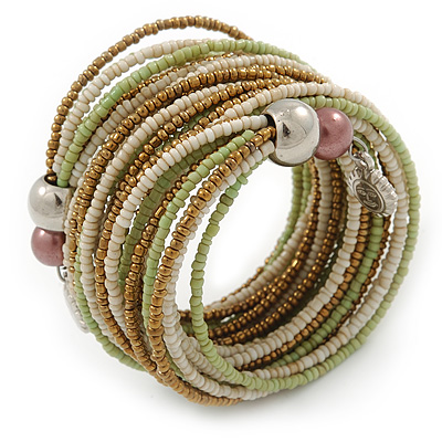 Multistrand White/ Bronze/ Lime Green Glass Bead Wrap Flex Bracelet - 19cm L