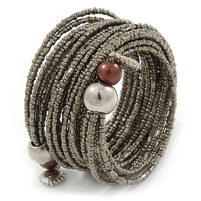 Multistrand Metallic Grey Glass Bead Wrap Flex Bracelet - 19cm L