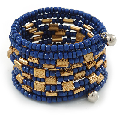 Blue Glass/ Gold Acrylic Bead Coiled Bracelet - Adjustable - main view