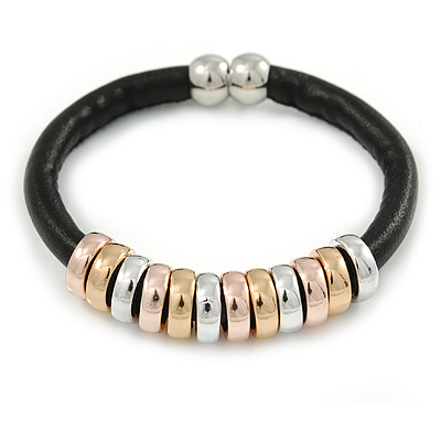 Black Leather with Silver/ Gold /Rose Gold Metal Rings Magnetic Bracelet - 19cm L