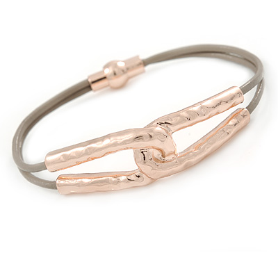 Hammered Double Loop with Beige Leather Cords Magnetic Bracelet In Rose Gold Tone - 20cm L - main view