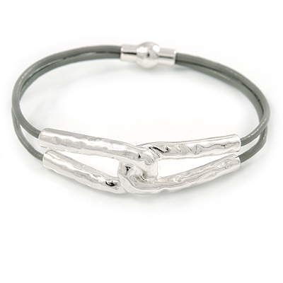 Hammered Double Loop with Light Grey Leather Cords Magnetic Bracelet In Light Silver Tone - 20cm L - main view