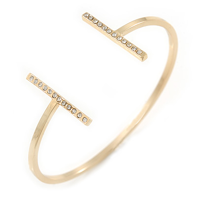Delicate Crystal Bar Cuff Bracelet Bangle In Gold Tone Metal - 17cm L (For Smaller Wrist) - main view