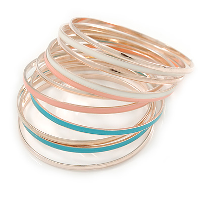 Set Of 11 White/ Pink/ Teal/ Gold Enamel Round Slip-On Bangle In Gold Plating - 19cm L - main view