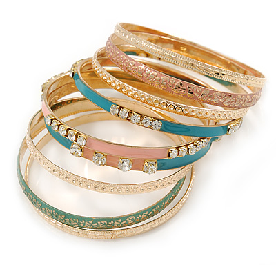 Indian Style Clear Crystal Textured Pastel Enamel Bangle Set of 9 In Gold Tone - 19cm L - main view