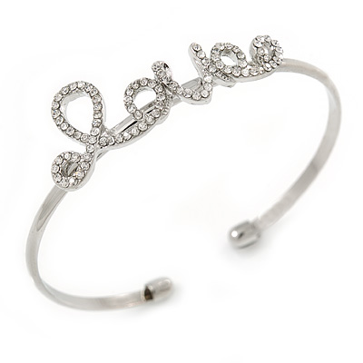 Delicate Clear Crystal 'Love' Cuff Bangle Bracelet In Silver Tone - 19cm Adjustable - main view