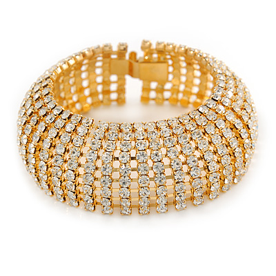 Statement 9 Row Clear Austrian Crystal Domed Bracelet with Tongue Clasp In Gold Plating - 20cm L - main view