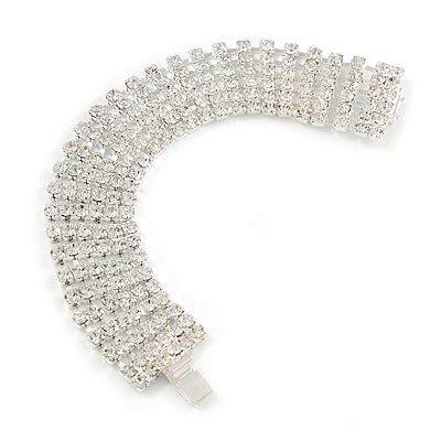 Statement 6 Row Austrian Crystal Bracelet with Tongue Clasp In Silver Tone - 18cm L - main view