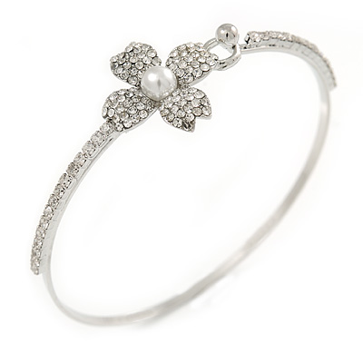 Delicate Clear Crystal, Pearl Flower Thin Bangle Bracelet In Silver Tone - 19cm - main view