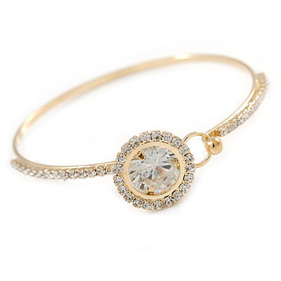 Delicate Clear Crystal, CZ Round Cut Stone Thin Bangle Bracelet In Gold Tone - 19cm - main view