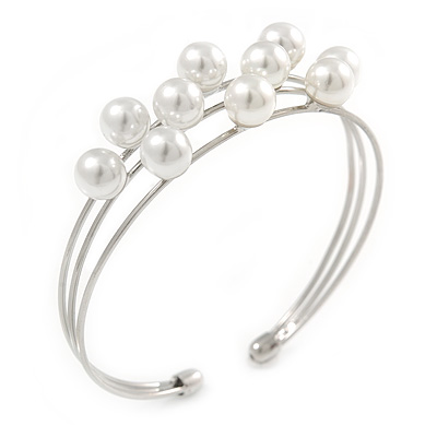 Delicate 3 Bar Cluster White Faux Pearl Cuff Bracelet In Silver Tone - 19cm L - Adjustable - main view
